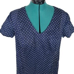 Vintage 60s Navy Blue Polka Dot Raw Silk Shift Dress Plus Size XL 1X Mod V-Neck